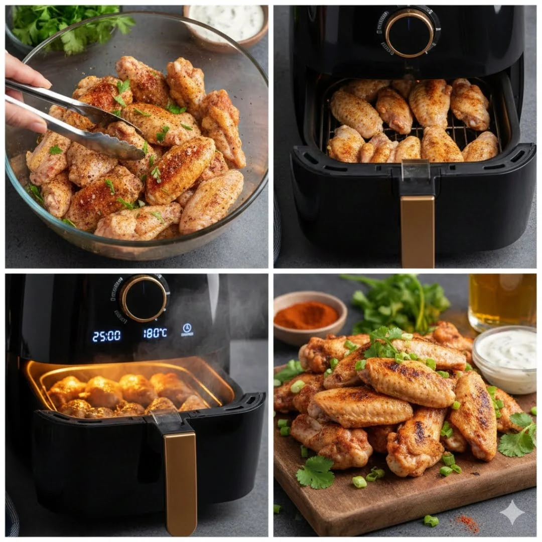 Chicken Wings Zubereitung im Airfryer: würzen, marinieren und in den Korb legen – Schritt für Schritt bebildert